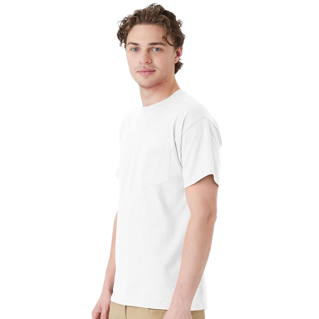 White cotton pocket T-shirt with a five-point left chest pocket, crew neckline, short sleeves, tear-away label, and durable double-needle stitched hem displayed on a white background.