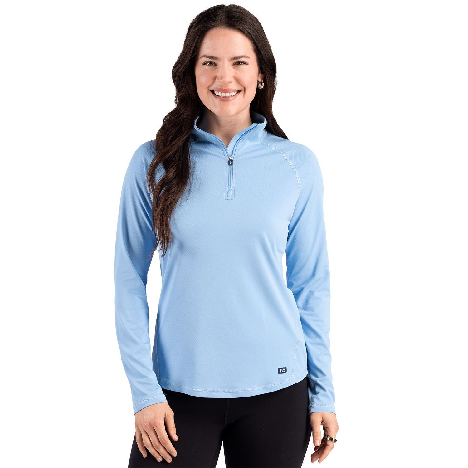Atlas Cutter & Buck® Women’s Prospect Recycled Featherlight Stretch Quarter Zip in Alloy, featuring lightweight recycled featherlight stretch performance fabric, a mock neck with quarter-zip closure, long raglan sleeves, and a streamlined athletic fit for golf, travel, outdoor activities, and everyday layering.