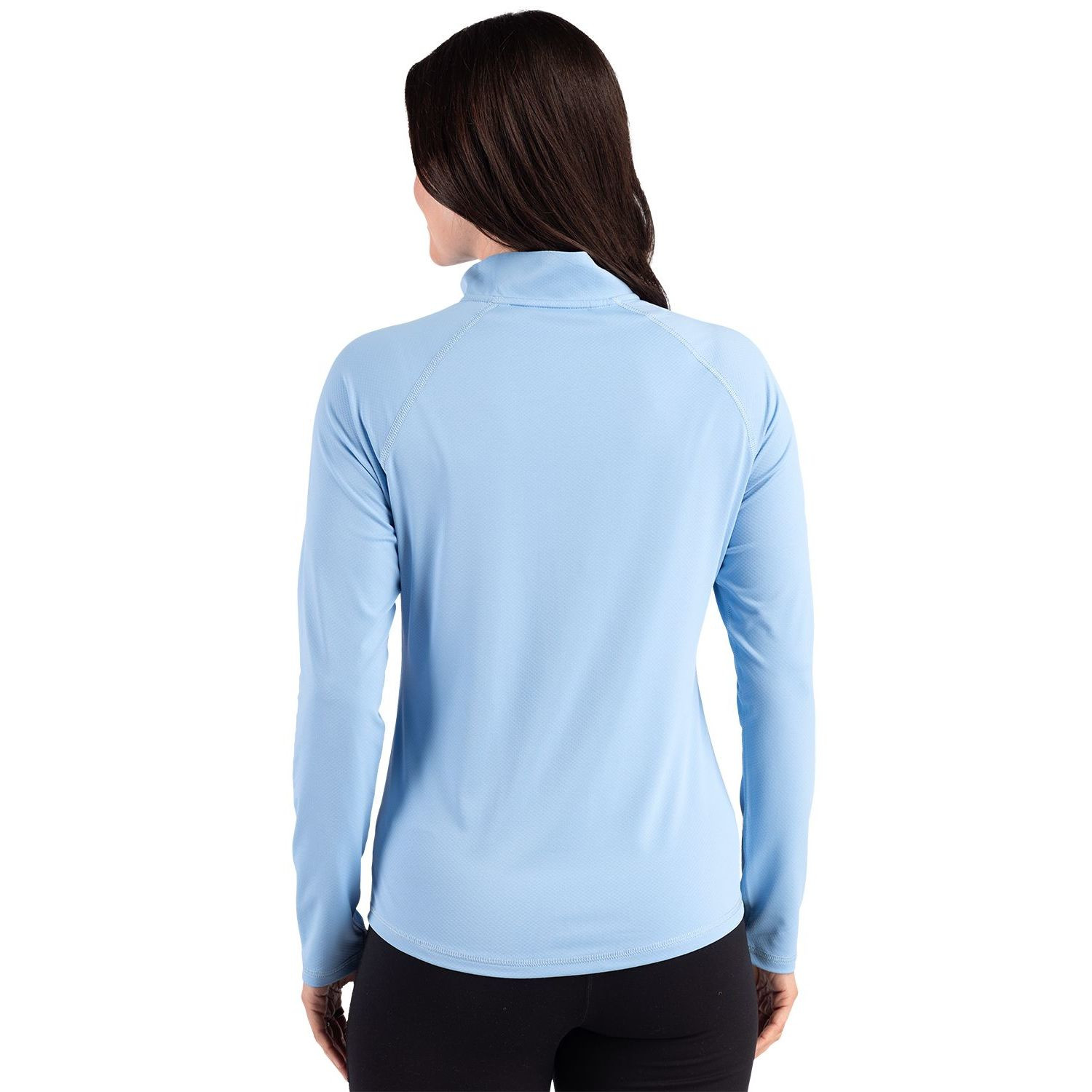 Atlas Cutter & Buck® Women’s Prospect Recycled Featherlight Stretch Quarter Zip in Alloy, featuring lightweight recycled featherlight stretch performance fabric, a mock neck with quarter-zip closure, long raglan sleeves, and a streamlined athletic fit for golf, travel, outdoor activities, and everyday layering.