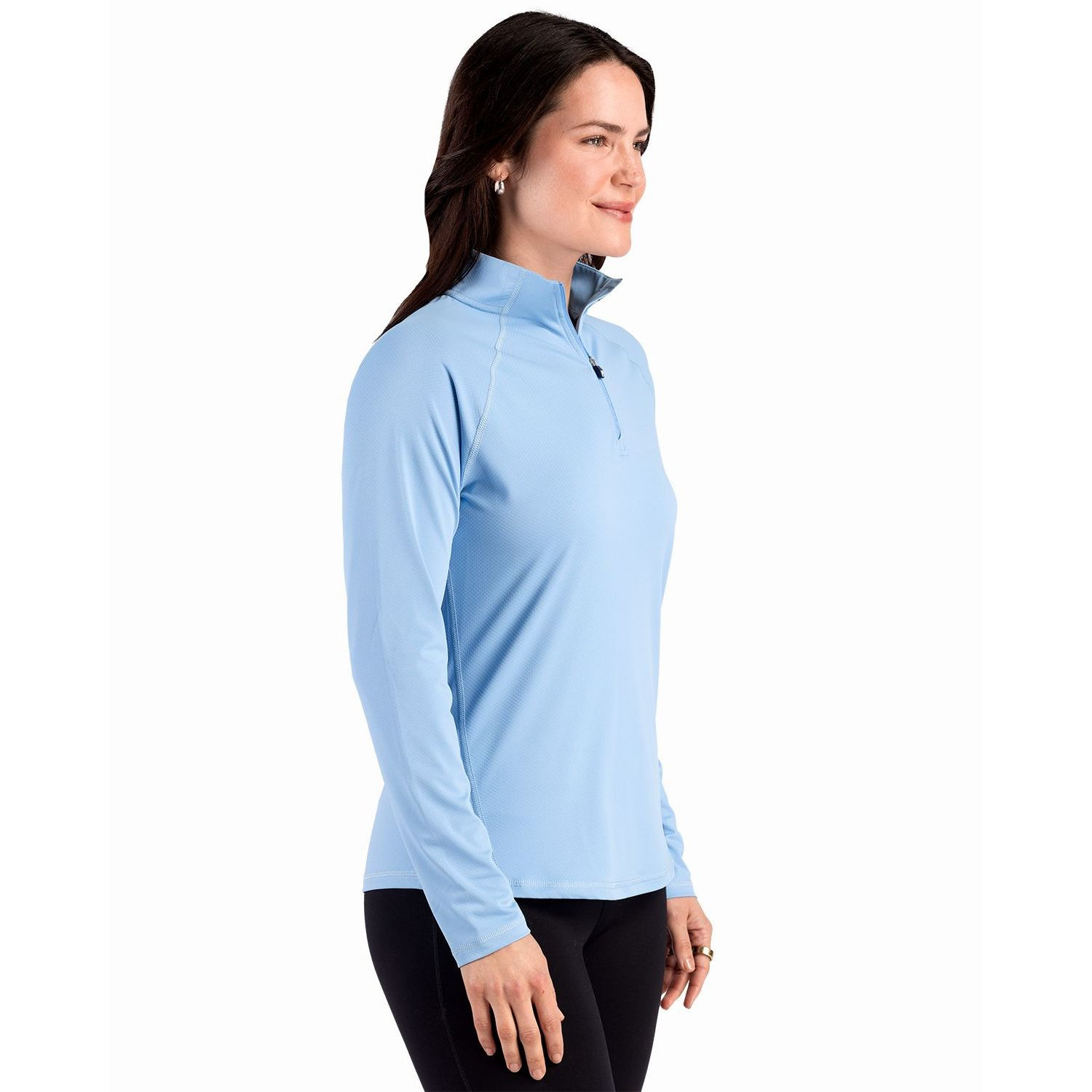 Atlas Cutter & Buck® Women’s Prospect Recycled Featherlight Stretch Quarter Zip in Alloy, featuring lightweight recycled featherlight stretch performance fabric, a mock neck with quarter-zip closure, long raglan sleeves, and a streamlined athletic fit for golf, travel, outdoor activities, and everyday layering.