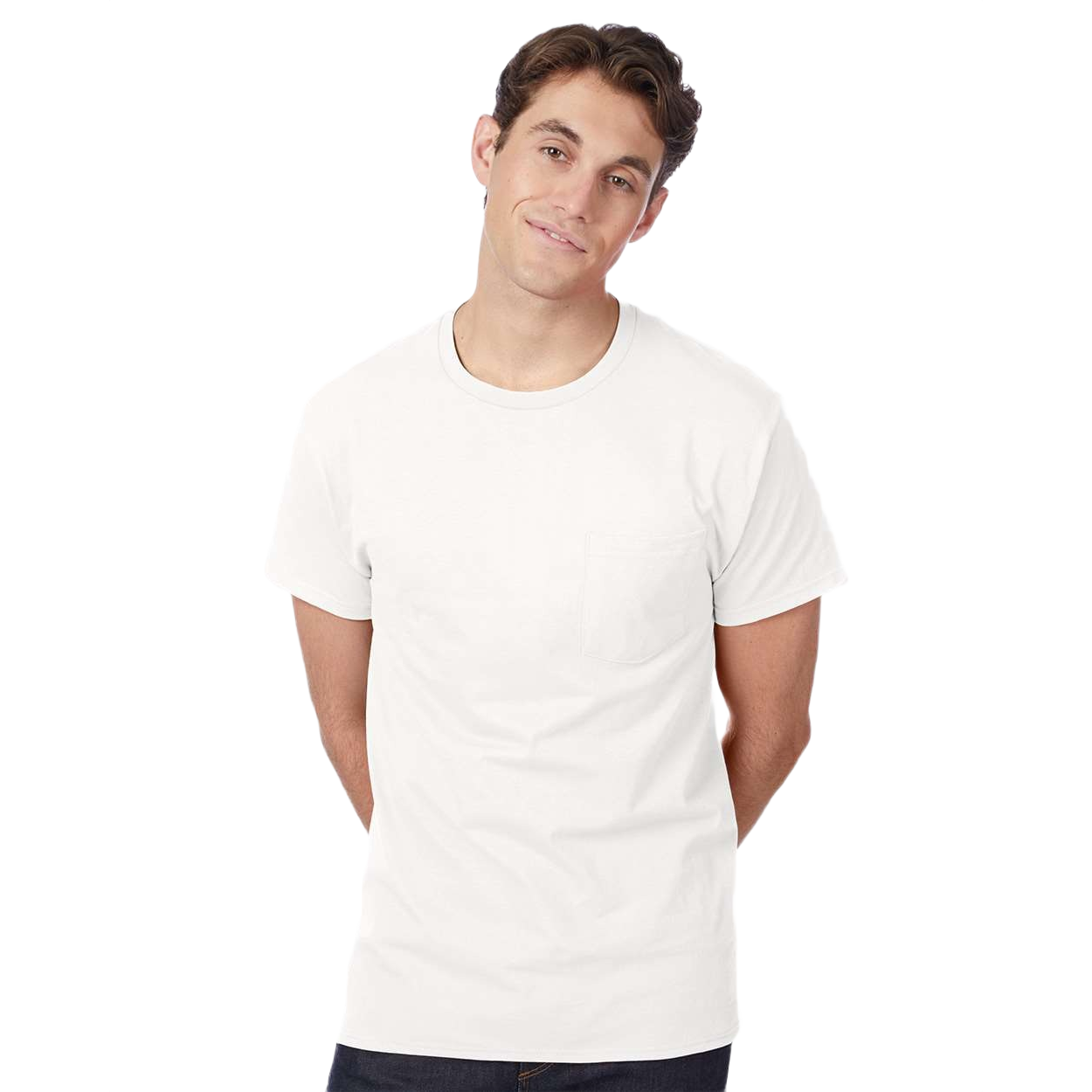 White cotton jersey pocket T-shirt with a classic fit, ribbed crewneck, short sleeves, and a five-point left chest pocket displayed on a white background.