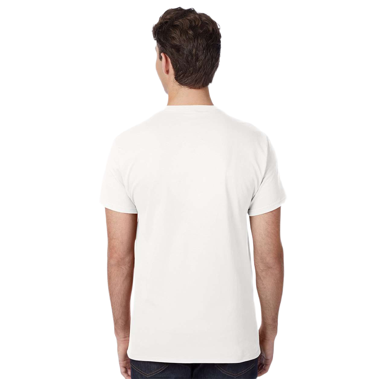 White cotton jersey pocket T-shirt with a classic fit, ribbed crewneck, short sleeves, and a five-point left chest pocket displayed on a white background.
