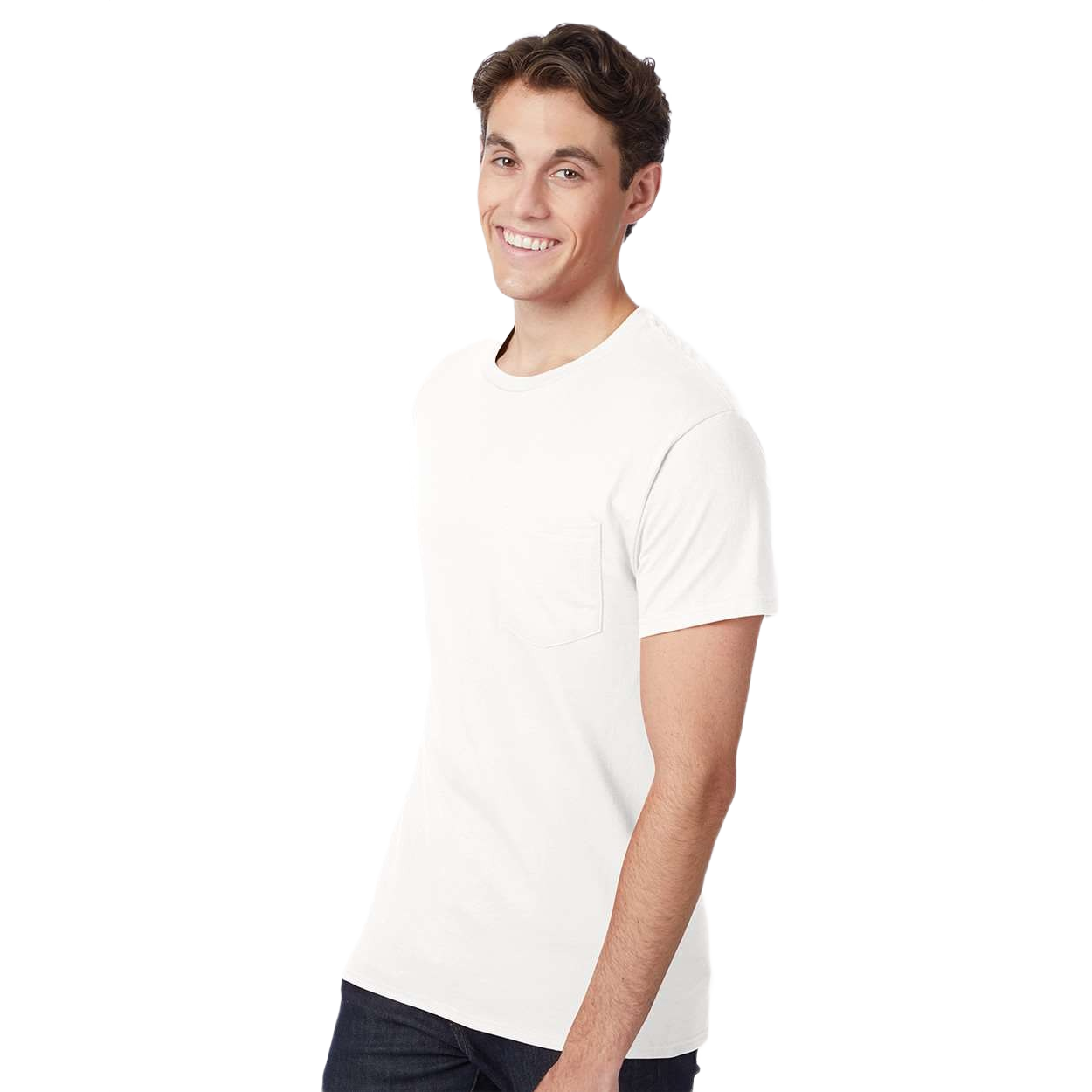 White cotton jersey pocket T-shirt with a classic fit, ribbed crewneck, short sleeves, and a five-point left chest pocket displayed on a white background.