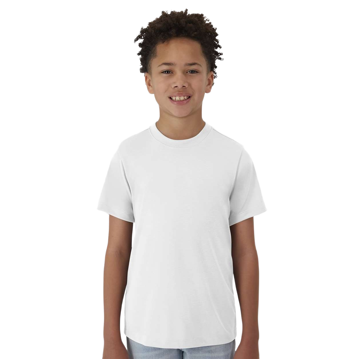White youth performance T-shirt made from ring-spun polyester jersey with a crew neckline, short sleeves, moisture-management fabric, and a tear-away label displayed on a white background.
