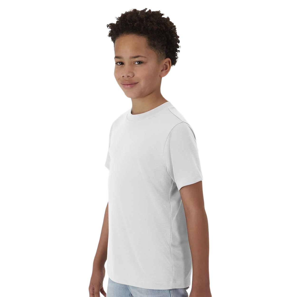 White youth performance T-shirt made from ring-spun polyester jersey with a crew neckline, short sleeves, moisture-management fabric, and a tear-away label displayed on a white background.