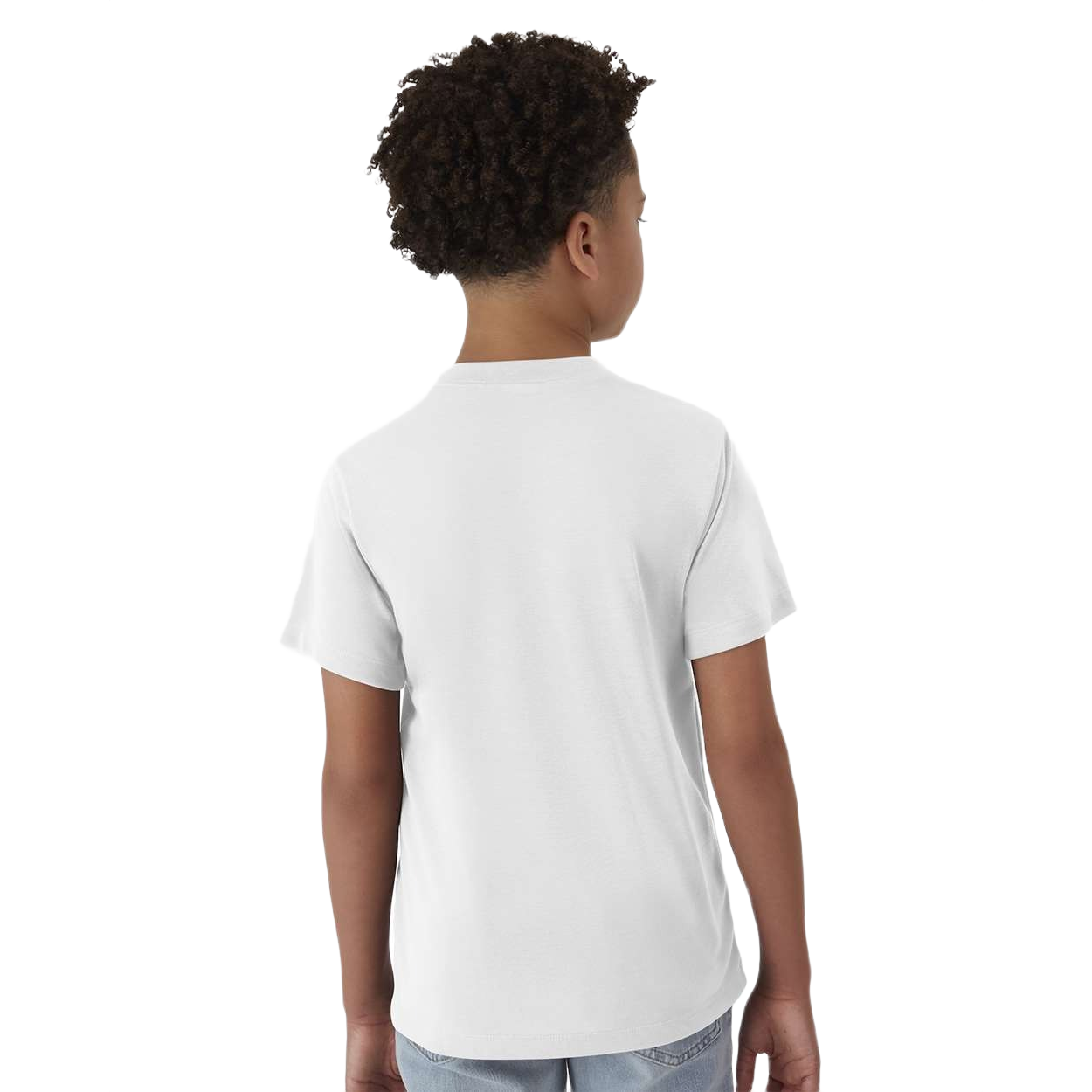 White youth performance T-shirt made from ring-spun polyester jersey with a crew neckline, short sleeves, moisture-management fabric, and a tear-away label displayed on a white background.