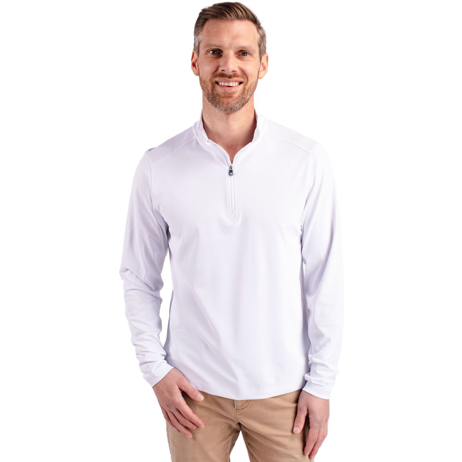 White Cutter & Buck® Virtue Recycled Featherlight Pique Men’s Quarter-Zip Pullover, featuring lightweight recycled featherlight pique performance fabric, a mock neck with quarter-zip closure, long sleeves, and a modern athletic fit for golf, travel, outdoor activities, and everyday layering.