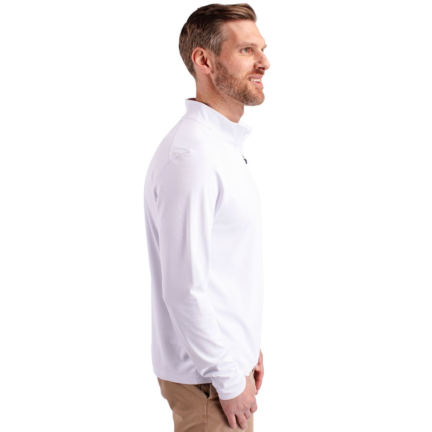 White Cutter & Buck® Virtue Recycled Featherlight Pique Men’s Quarter-Zip Pullover, featuring lightweight recycled featherlight pique performance fabric, a mock neck with quarter-zip closure, long sleeves, and a modern athletic fit for golf, travel, outdoor activities, and everyday layering.