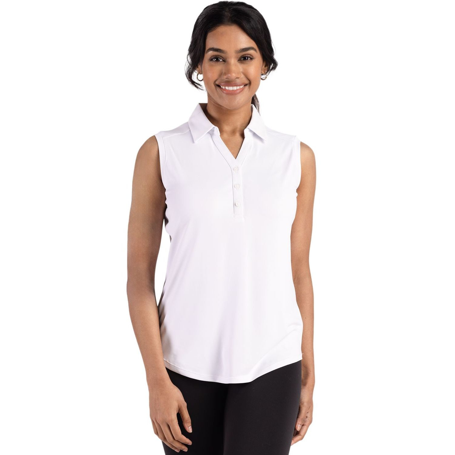 White Cutter & Buck Forge Recycled Four-Way Stretch Women’s Sleeveless Polo, featuring soft recycled stretch jersey fabric, a self-fabric collar, sleeveless silhouette, and a streamlined feminine fit for golf, travel, work, and everyday warm-weather wear.