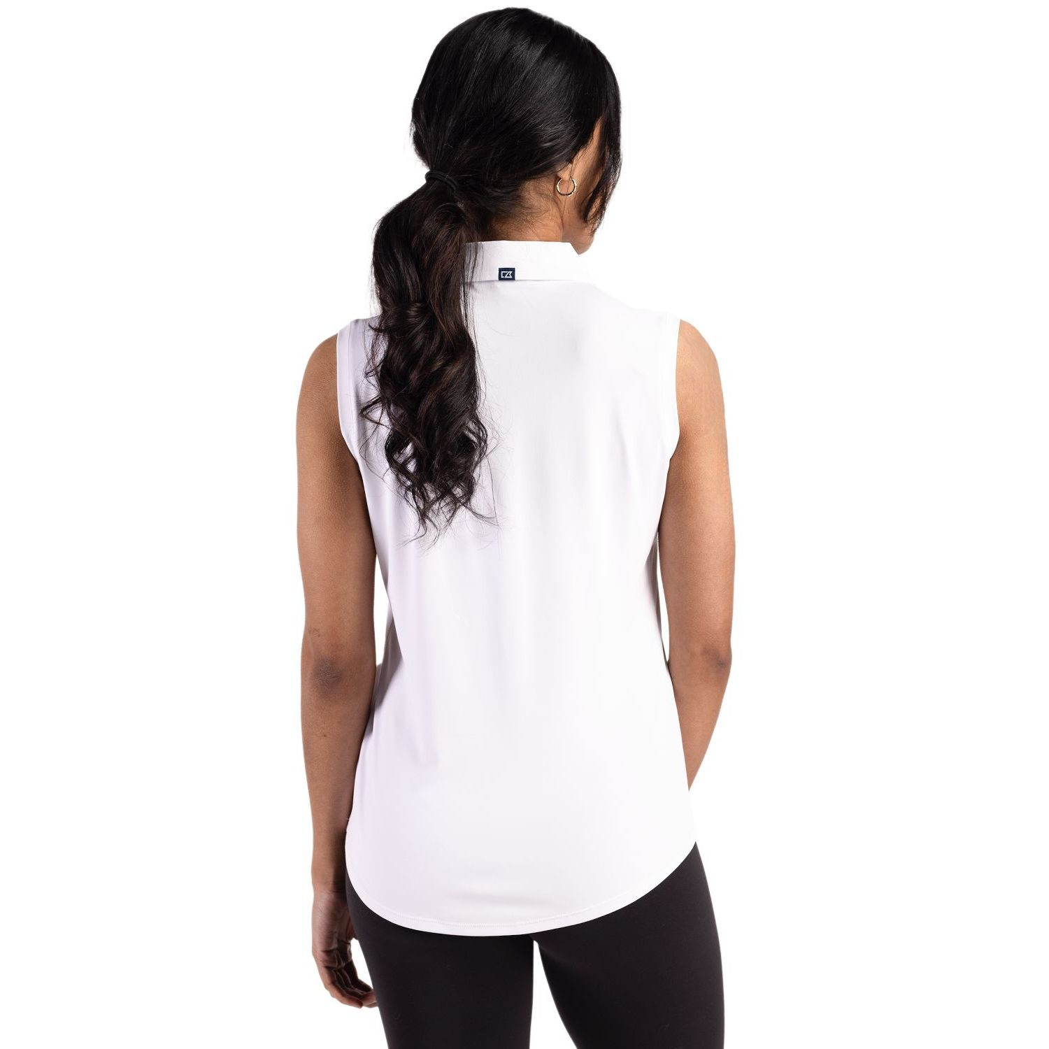 White Cutter & Buck Forge Recycled Four-Way Stretch Women’s Sleeveless Polo, featuring soft recycled stretch jersey fabric, a self-fabric collar, sleeveless silhouette, and a streamlined feminine fit for golf, travel, work, and everyday warm-weather wear.