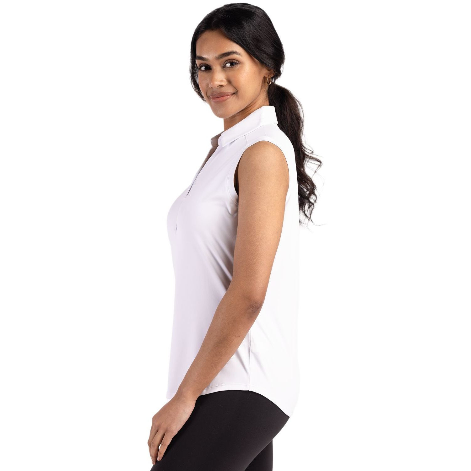 White Cutter & Buck Forge Recycled Four-Way Stretch Women’s Sleeveless Polo, featuring soft recycled stretch jersey fabric, a self-fabric collar, sleeveless silhouette, and a streamlined feminine fit for golf, travel, work, and everyday warm-weather wear.