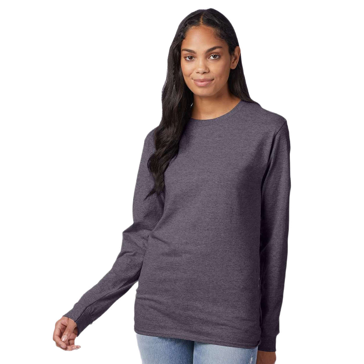 Charcoal Heather cotton blend long sleeve T-shirt with a classic fit, ribbed crewneck, ribbed cuffs, and tear-away label displayed on a white background.