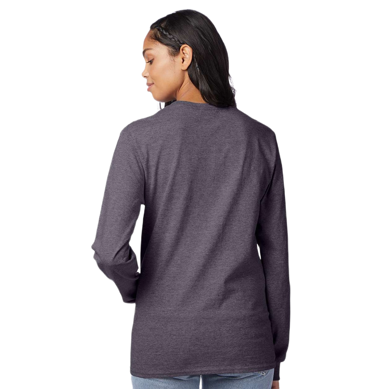 Charcoal Heather cotton blend long sleeve T-shirt with a classic fit, ribbed crewneck, ribbed cuffs, and tear-away label displayed on a white background.