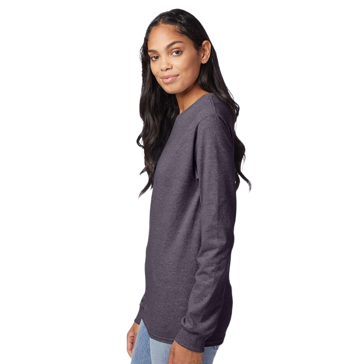 Charcoal Heather cotton blend long sleeve T-shirt with a classic fit, ribbed crewneck, ribbed cuffs, and tear-away label displayed on a white background.