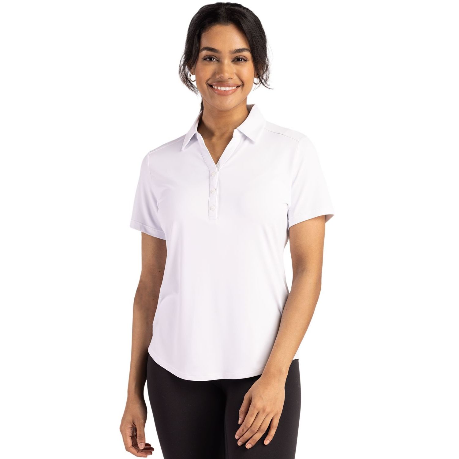White Cutter & Buck Forge Recycled Four-Way Stretch Women’s Polo, featuring soft recycled four-way stretch jersey fabric, a self-fabric collar, three-button placket, short sleeves, and a flattering athletic fit for golf, work, travel, and everyday wear.