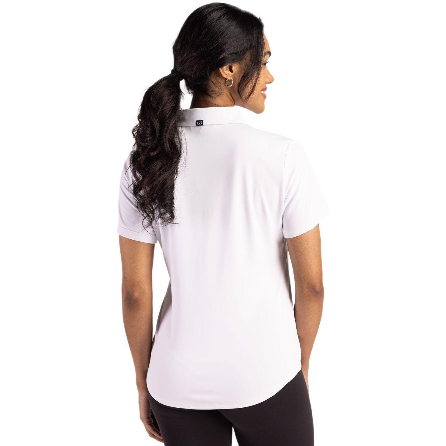 White Cutter & Buck Forge Recycled Four-Way Stretch Women’s Polo, featuring soft recycled four-way stretch jersey fabric, a self-fabric collar, three-button placket, short sleeves, and a flattering athletic fit for golf, work, travel, and everyday wear.