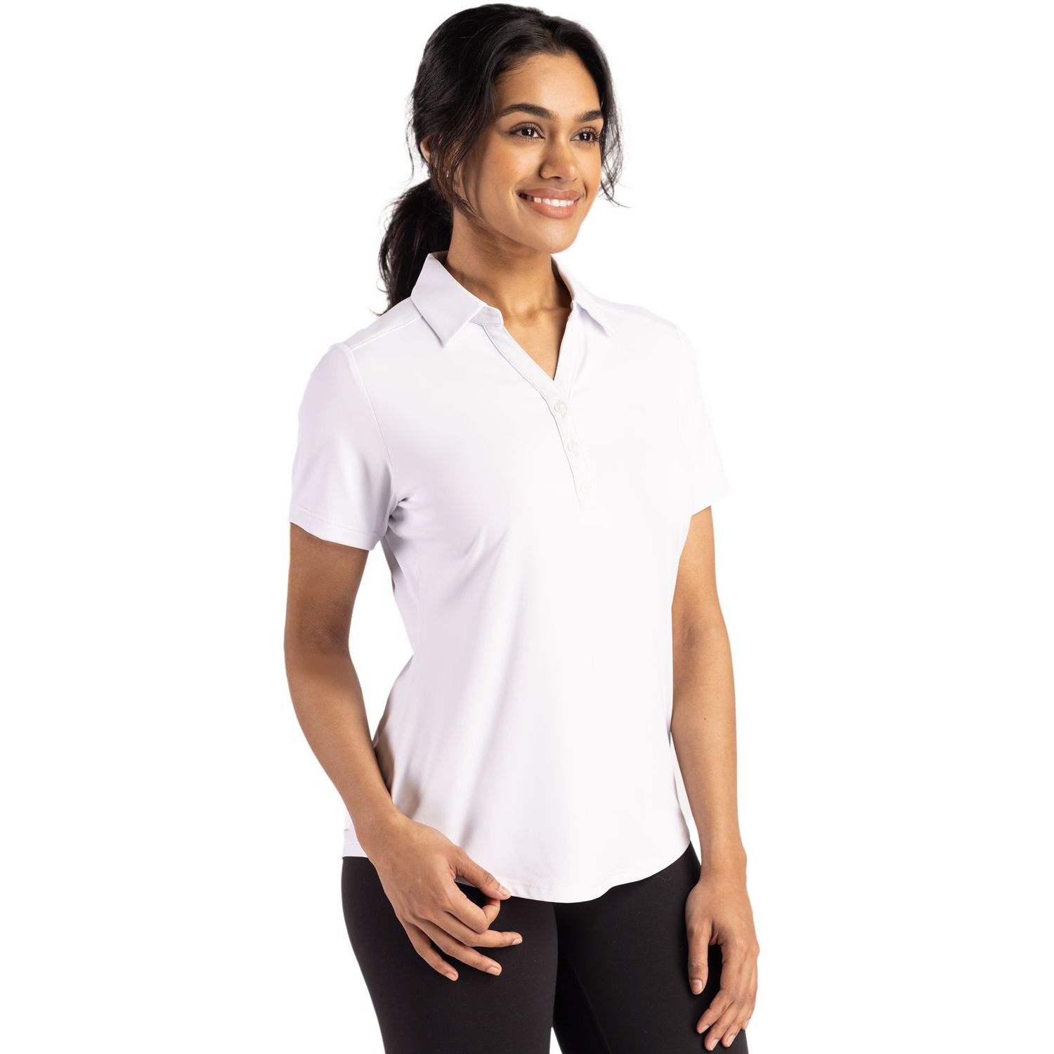 White Cutter & Buck Forge Recycled Four-Way Stretch Women’s Polo, featuring soft recycled four-way stretch jersey fabric, a self-fabric collar, three-button placket, short sleeves, and a flattering athletic fit for golf, work, travel, and everyday wear.