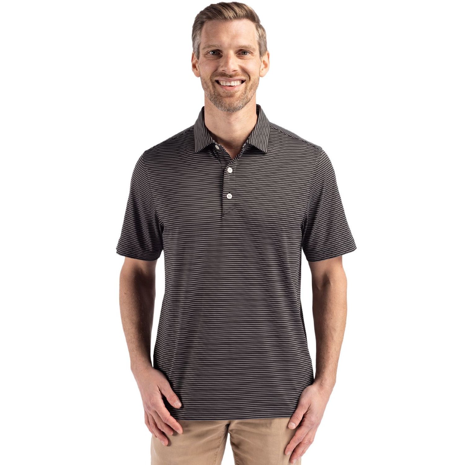 Black/White Cutter & Buck Forge Recycled Fine Line Stripe Four-Way Stretch Men’s Polo, featuring soft recycled four-way stretch jersey fabric with subtle fine line stripes, a self-fabric collar, three-button placket, short sleeves, and a modern athletic fit for golf, work, travel, and everyday wear.