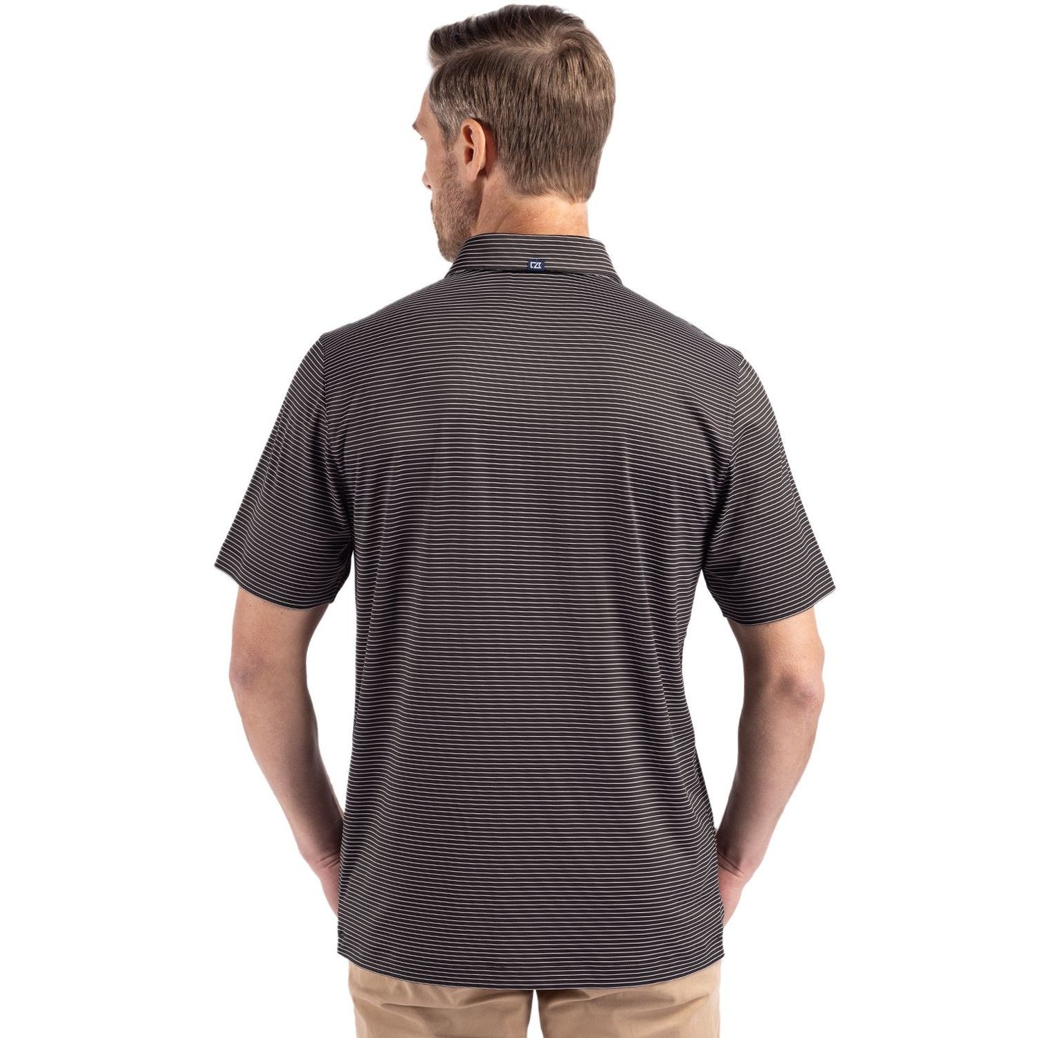 Black/White Cutter & Buck Forge Recycled Fine Line Stripe Four-Way Stretch Men’s Polo, featuring soft recycled four-way stretch jersey fabric with subtle fine line stripes, a self-fabric collar, three-button placket, short sleeves, and a modern athletic fit for golf, work, travel, and everyday wear.