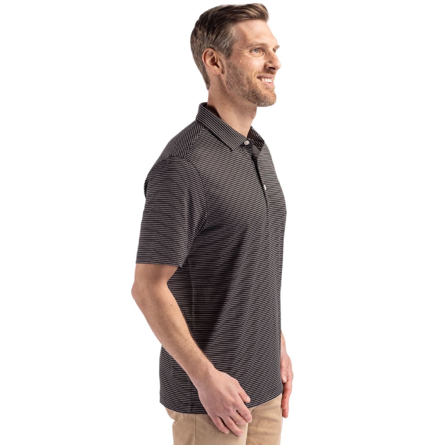 Black/White Cutter & Buck Forge Recycled Fine Line Stripe Four-Way Stretch Men’s Polo, featuring soft recycled four-way stretch jersey fabric with subtle fine line stripes, a self-fabric collar, three-button placket, short sleeves, and a modern athletic fit for golf, work, travel, and everyday wear.