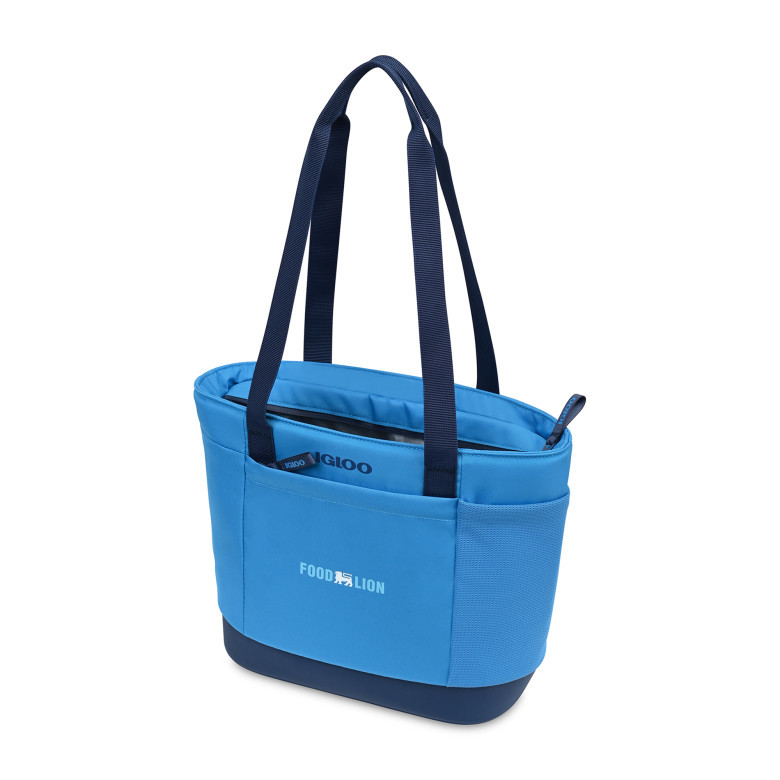 Angled view of blue Igloo® Day Chiller 9 Can Tote Soft Cooler