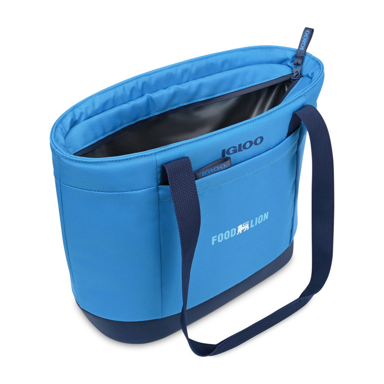 Unzipped top compartment of blue Igloo® Day Chiller 9 Can Tote Soft Cooler