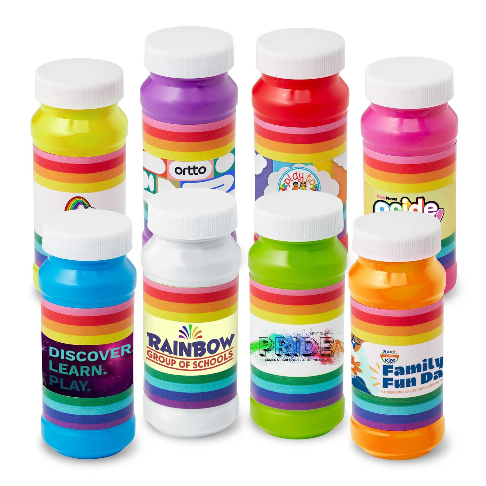 4 oz. Pride Bubbles with Full-Color Digital Label, featuring a clear plastic bottle filled with bubble solution, a rainbow-colored full-color custom label, and a bubble wand attached to the screw-on cap, ideal for Pride celebrations, parades, festivals, and promotional events.