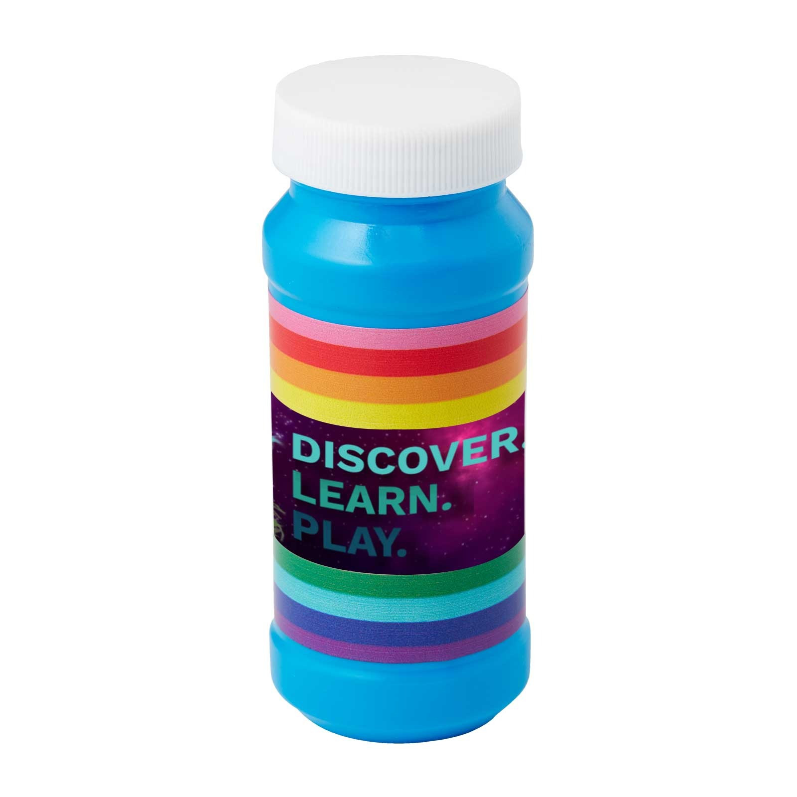 Blue 4 oz. Pride Bubbles with Full-Color Digital Label, featuring a clear plastic bottle filled with bubble solution, a rainbow-colored full-color custom label, and a bubble wand attached to the screw-on cap, ideal for Pride celebrations, parades, festivals, and promotional events.
