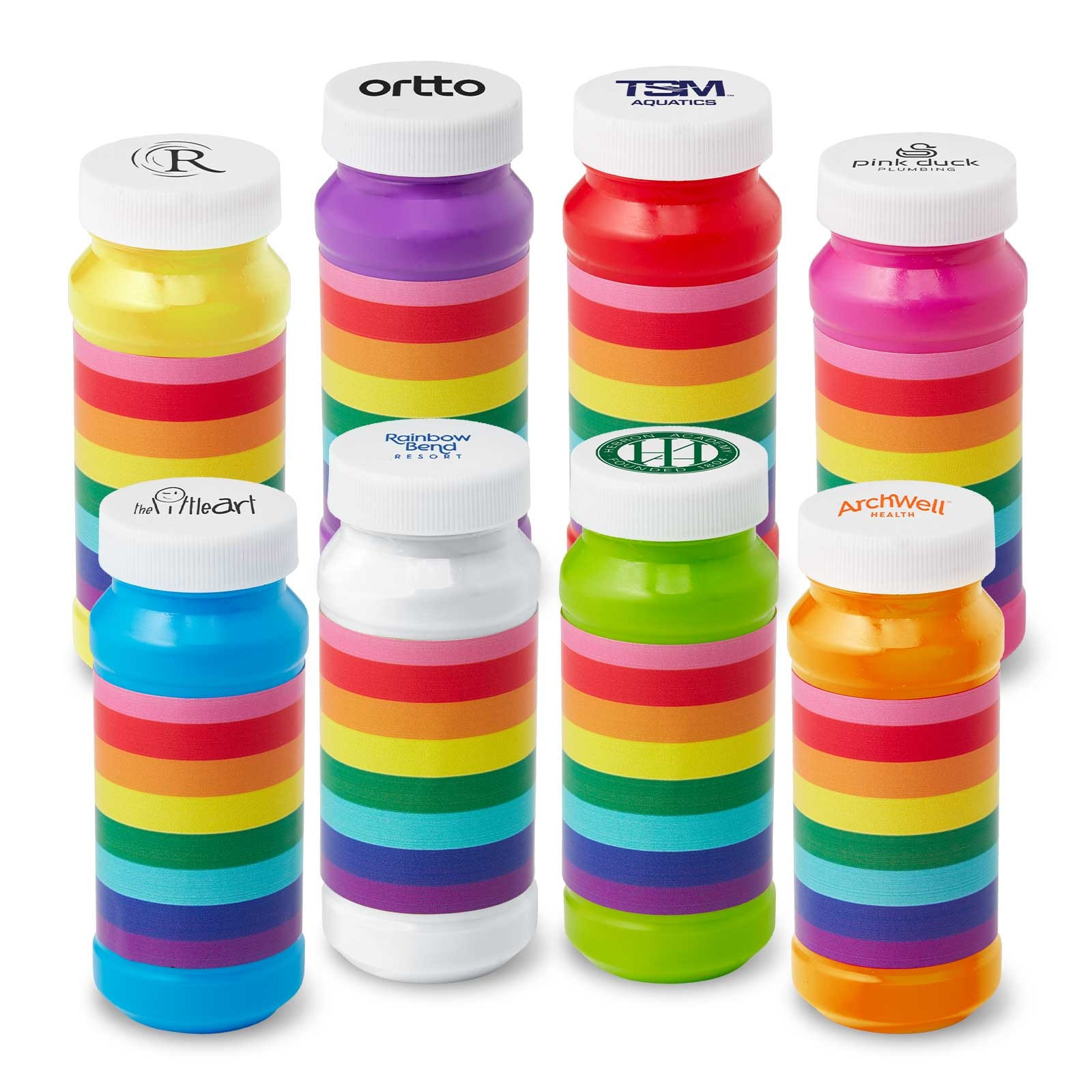 4 oz. Pride Bubbles with Imprinted Cap, featuring a clear plastic bottle filled with bubble solution, a colorful Pride-themed bubble wand cap with custom imprint, and a compact design ideal for Pride celebrations, parades, festivals, and promotional giveaways.