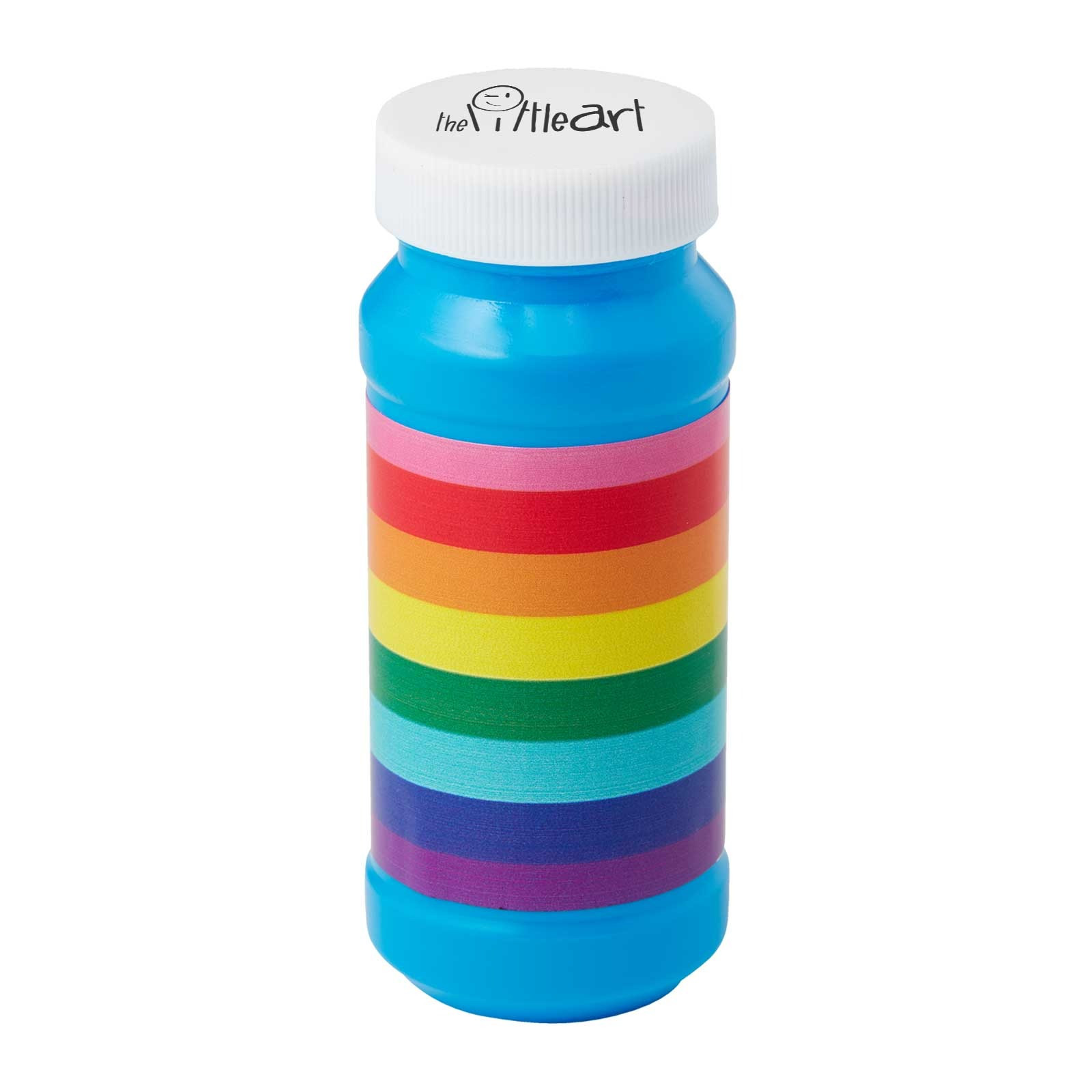 Blue 4 oz. Pride Bubbles with Imprinted Cap, featuring a clear plastic bottle filled with bubble solution, a colorful Pride-themed bubble wand cap with custom imprint, and a compact design ideal for Pride celebrations, parades, festivals, and promotional giveaways.