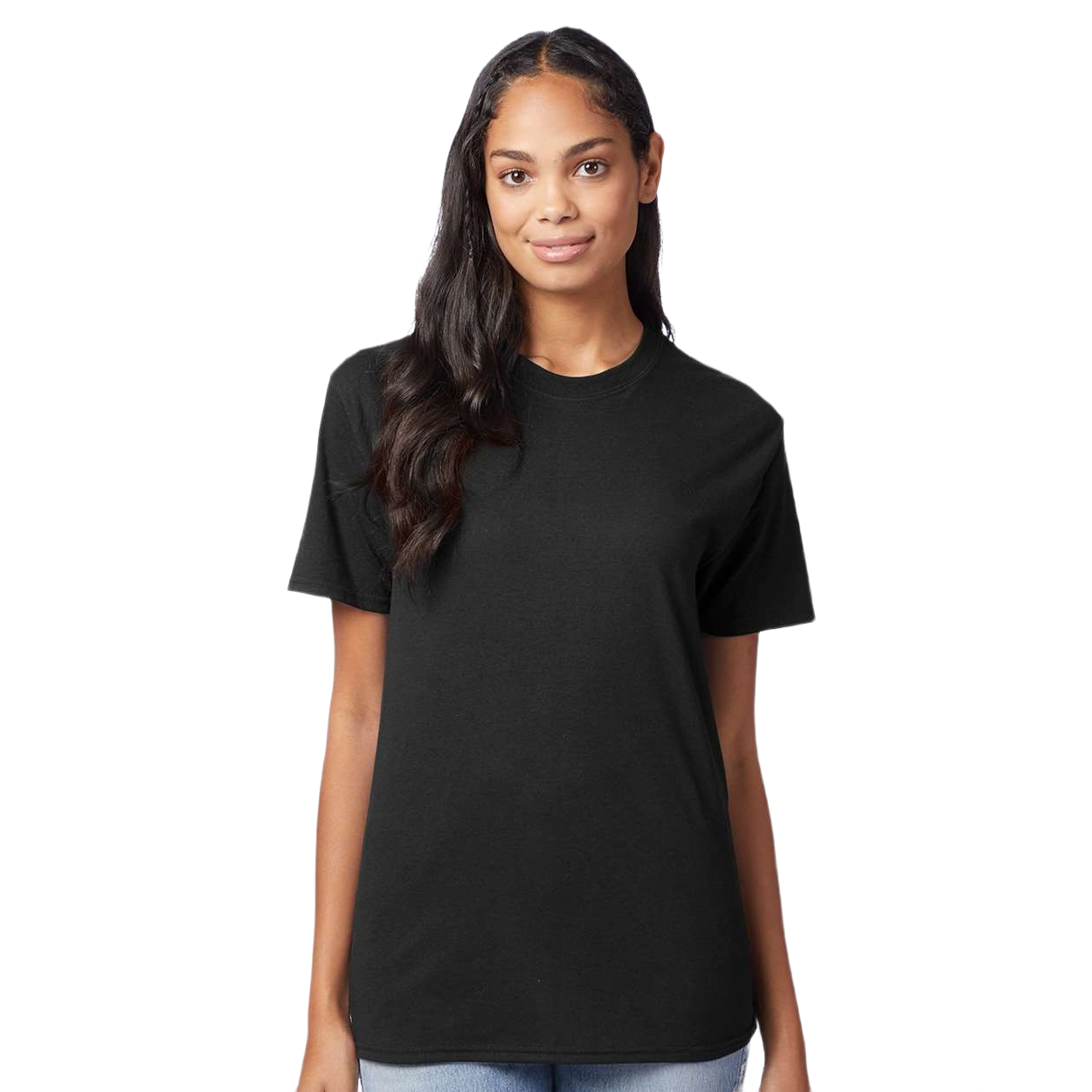 Solid Black Triblend Hanes triblend T-shirt made from recycled polyester, ring-spun cotton, and rayon with a modern fit, ribbed lay-flat collar, and tear-away label.