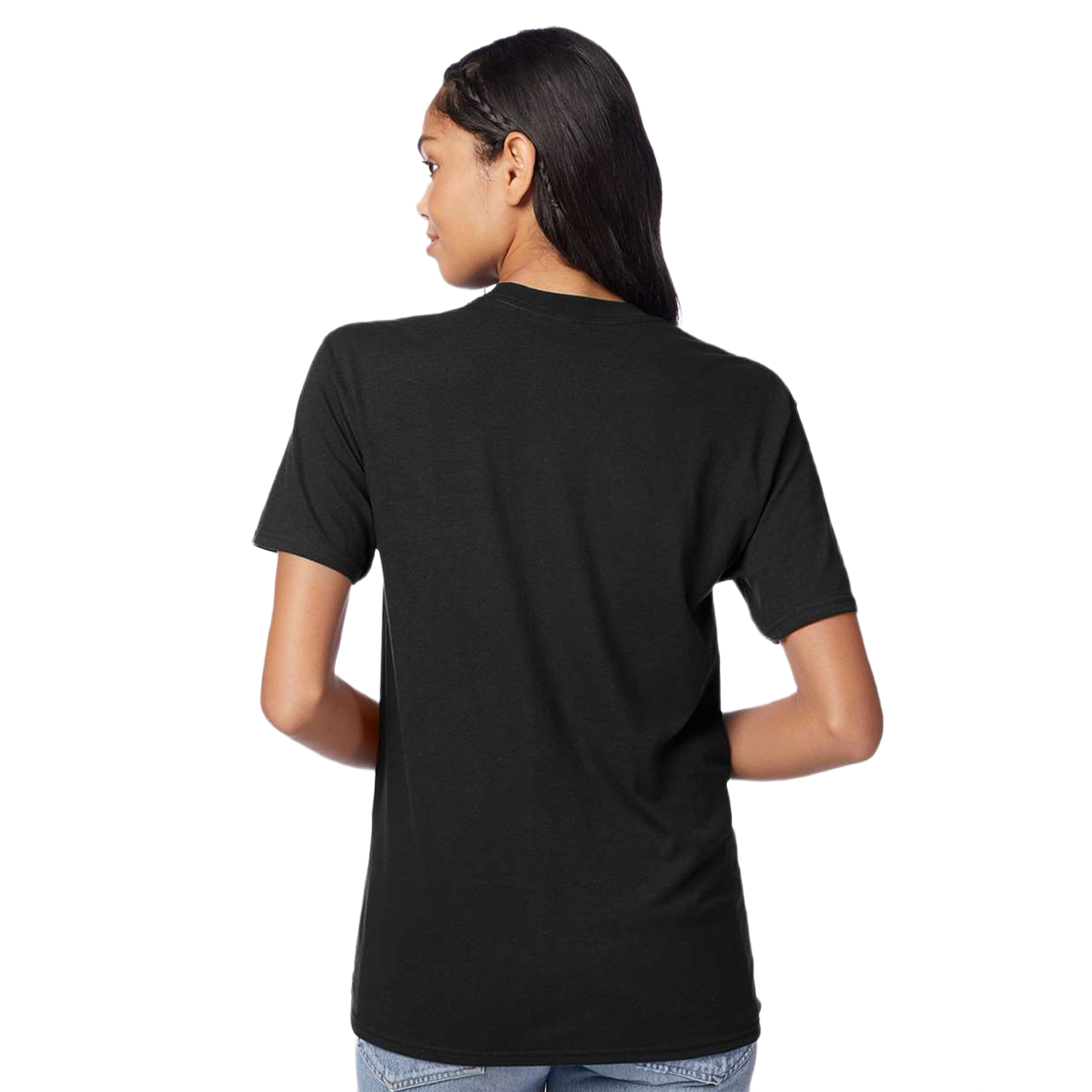 Solid Black Triblend Hanes triblend T-shirt made from recycled polyester, ring-spun cotton, and rayon with a modern fit, ribbed lay-flat collar, and tear-away label.