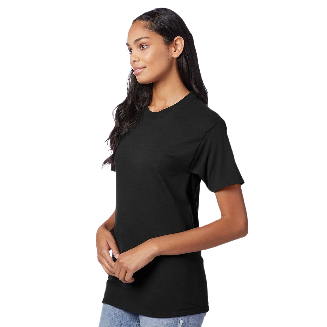 Solid Black Triblend Hanes triblend T-shirt made from recycled polyester, ring-spun cotton, and rayon with a modern fit, ribbed lay-flat collar, and tear-away label.