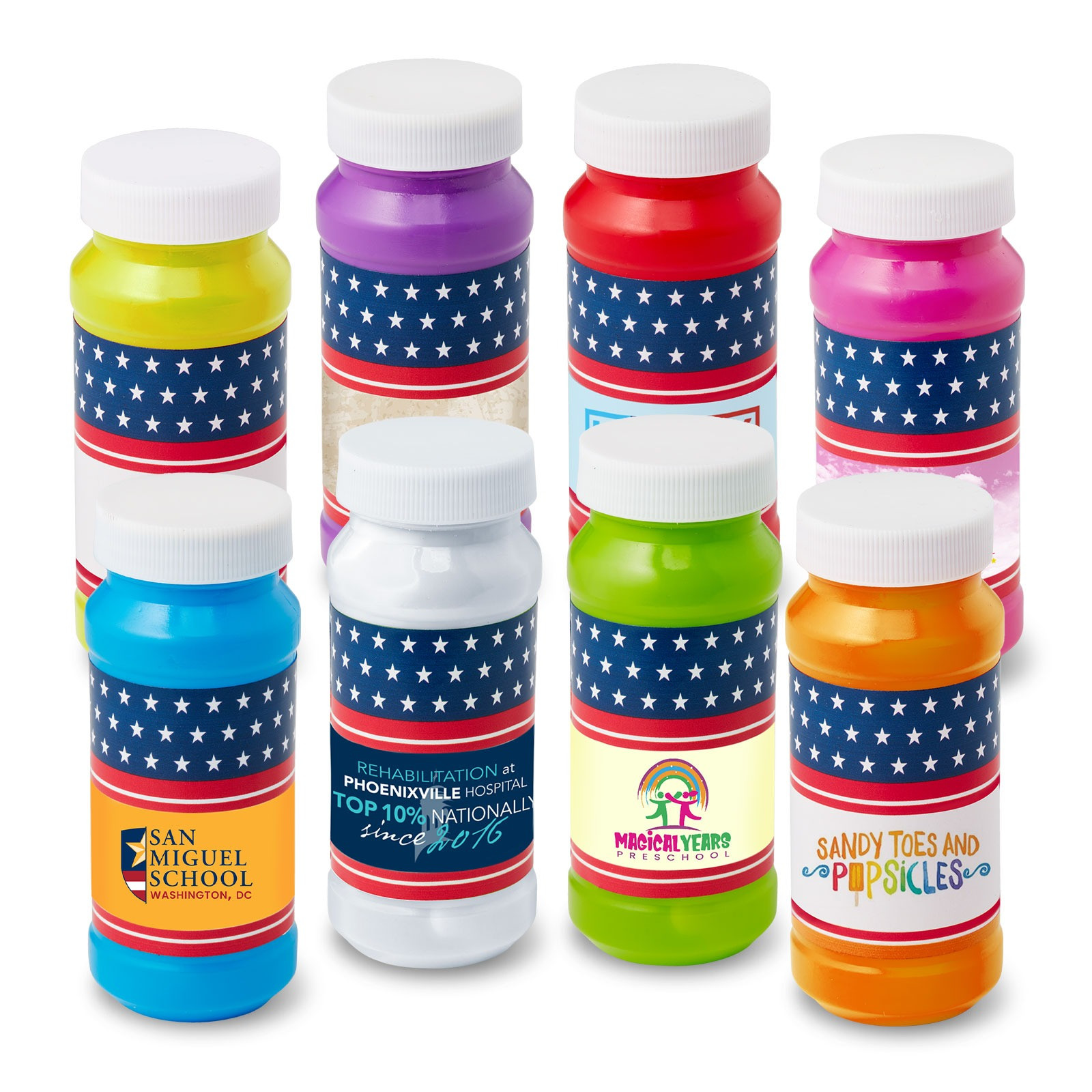 Blue 4 oz. Patriotic Bubbles with Full-Color Digital Label, featuring a clear plastic bottle filled with bubble solution, a red, white, and blue full-color custom label, and a bubble wand attached to the screw-on cap, ideal for patriotic celebrations, parades, community events, and promotional giveaways.