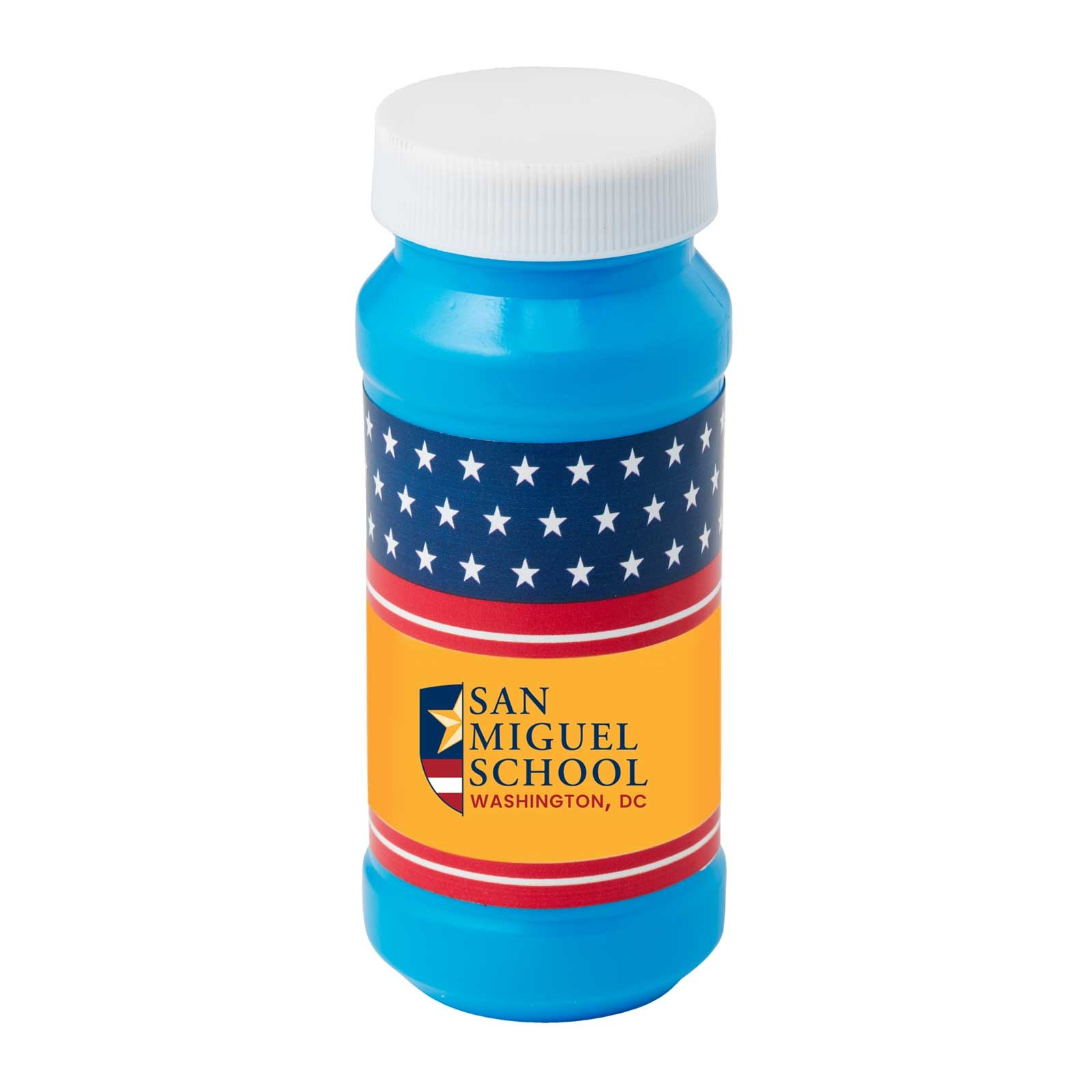 Blue 4 oz. Patriotic Bubbles with Full-Color Digital Label, featuring a clear plastic bottle filled with bubble solution, a red, white, and blue full-color custom label, and a bubble wand attached to the screw-on cap, ideal for patriotic celebrations, parades, community events, and promotional giveaways.