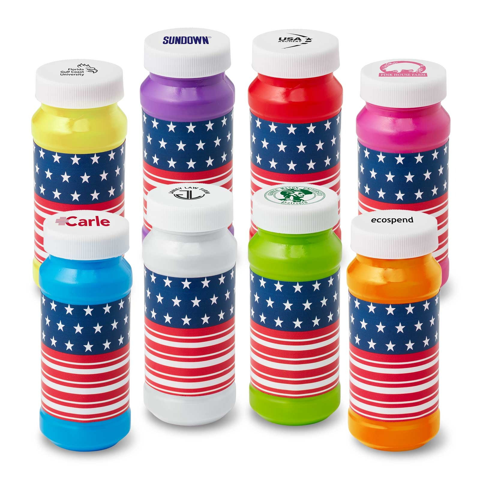 4 oz. Patriotic Bubbles with Imprinted Cap, featuring a clear plastic bottle filled with bubble solution, patriotic-themed cap with custom imprint, and a bubble wand inside for Independence Day celebrations, parades, festivals, and promotional giveaways.