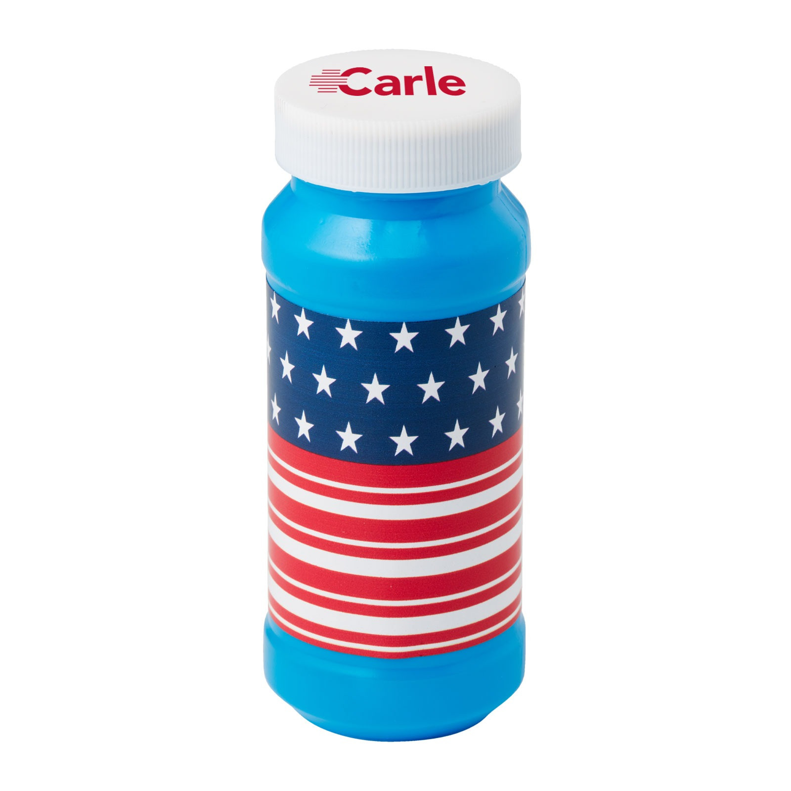 Blue 4 oz. Patriotic Bubbles with Imprinted Cap, featuring a clear plastic bottle filled with bubble solution, patriotic-themed cap with custom imprint, and a bubble wand inside for Independence Day celebrations, parades, festivals, and promotional giveaways.