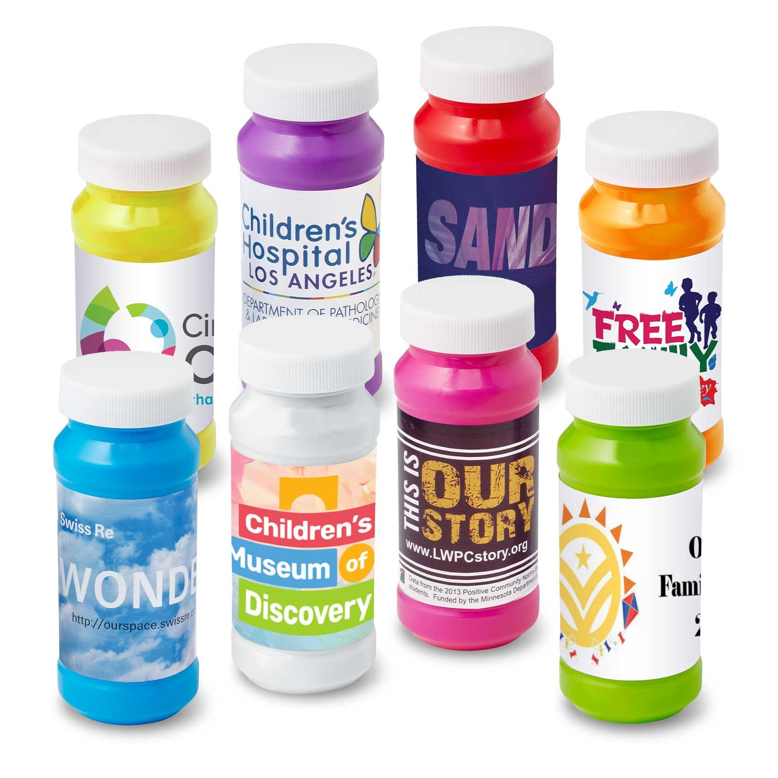 4 oz. Bubbles with Full-Color Digital Label, featuring a clear plastic bottle filled with bubble solution, a vibrant custom full-color wraparound label, and a screw-on cap with an internal bubble wand, ideal for parties, festivals, community events, and promotional giveaways.