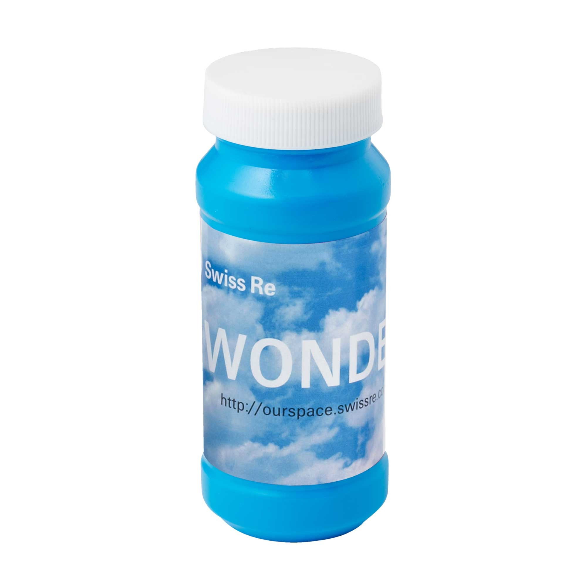 Blue 4 oz. Bubbles with Full-Color Digital Label, featuring a clear plastic bottle filled with bubble solution, a vibrant custom full-color wraparound label, and a screw-on cap with an internal bubble wand, ideal for parties, festivals, community events, and promotional giveaways.