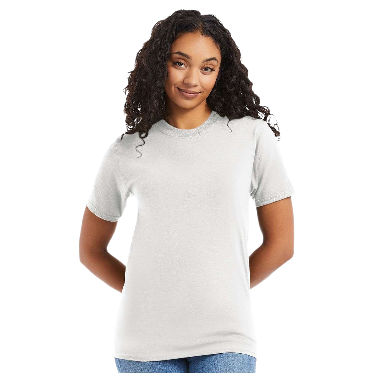 White heavyweight ring-spun cotton T-shirt with a classic crew neckline, short sleeves, double-needle stitching, and a tear-away label.