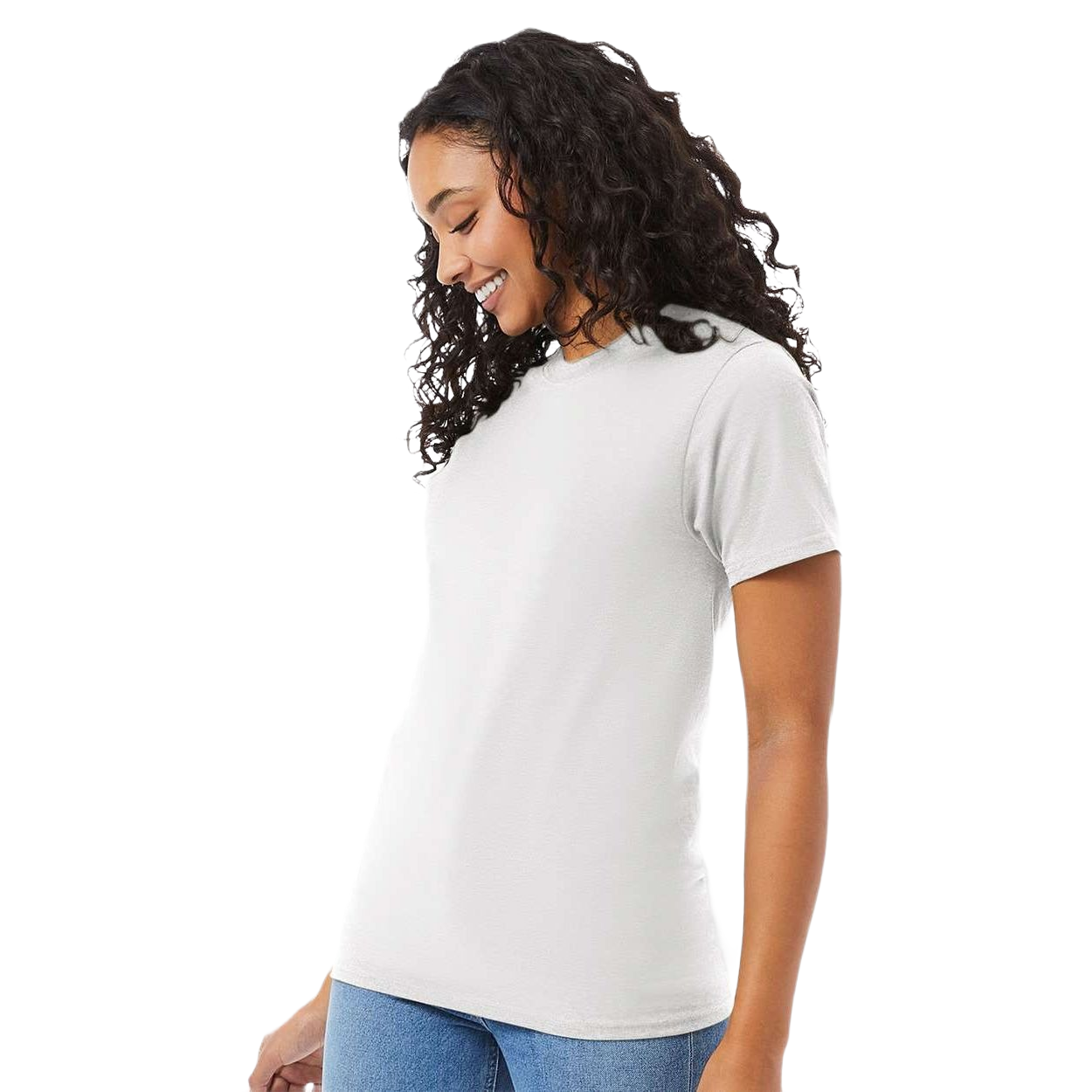 White heavyweight ring-spun cotton T-shirt with a classic crew neckline, short sleeves, double-needle stitching, and a tear-away label.