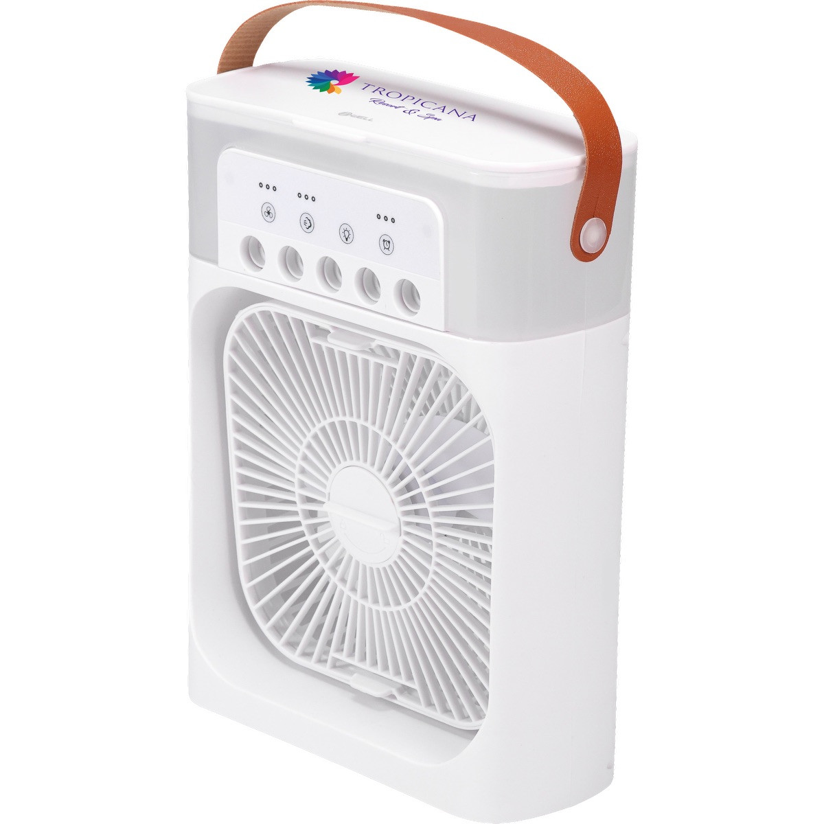 White cooling humidifier fan with nano mist sprayer, four-speed airflow, multi-color LED light, built-in oil diffuser, and USB-powered design.