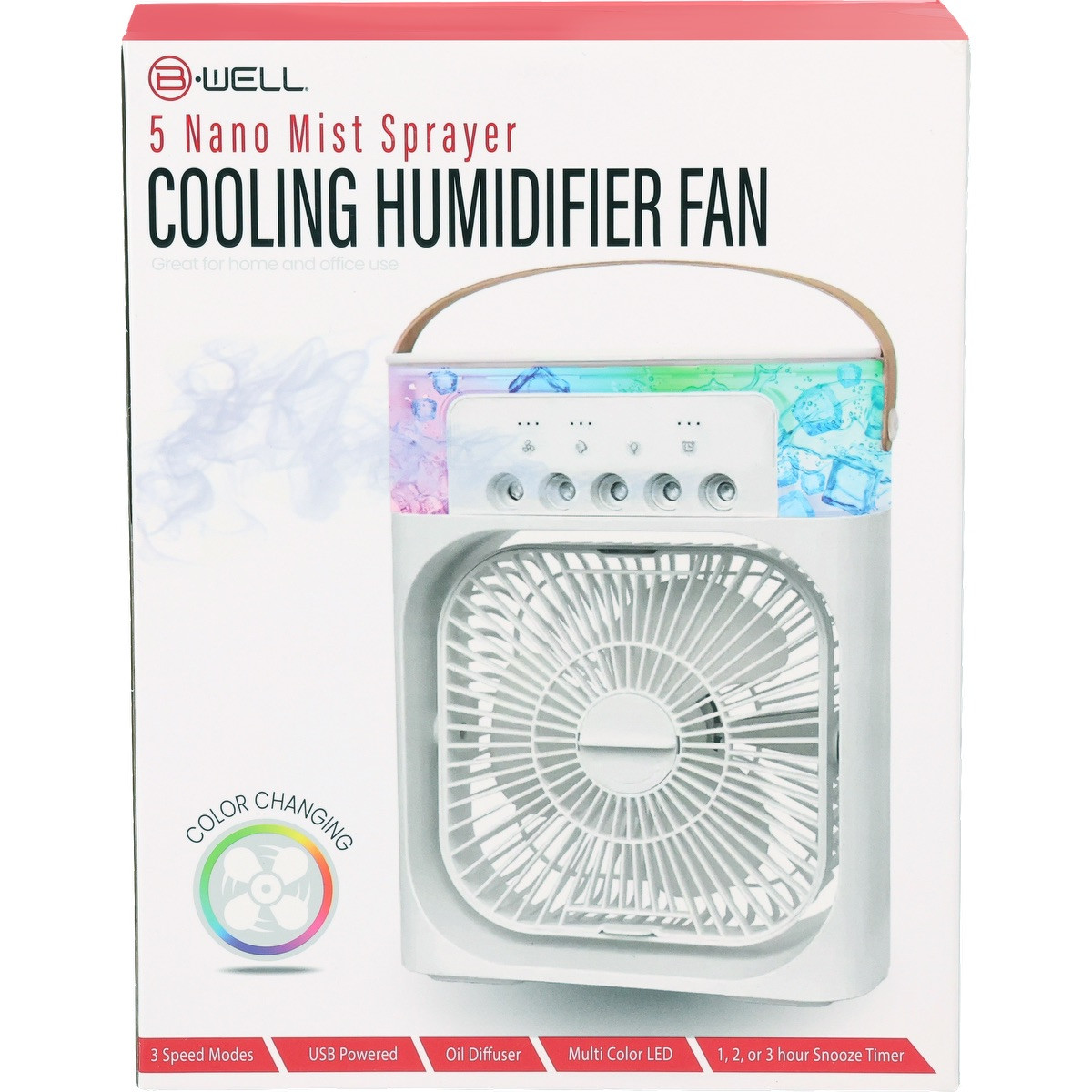White cooling humidifier fan with nano mist sprayer, four-speed airflow, multi-color LED light, built-in oil diffuser, and USB-powered design.