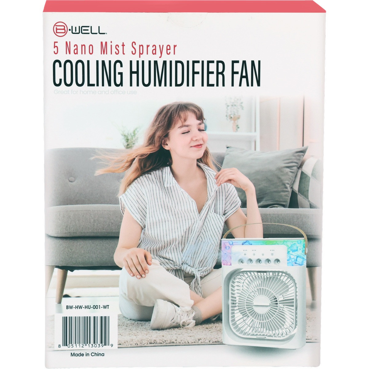 White cooling humidifier fan with nano mist sprayer, four-speed airflow, multi-color LED light, built-in oil diffuser, and USB-powered design.