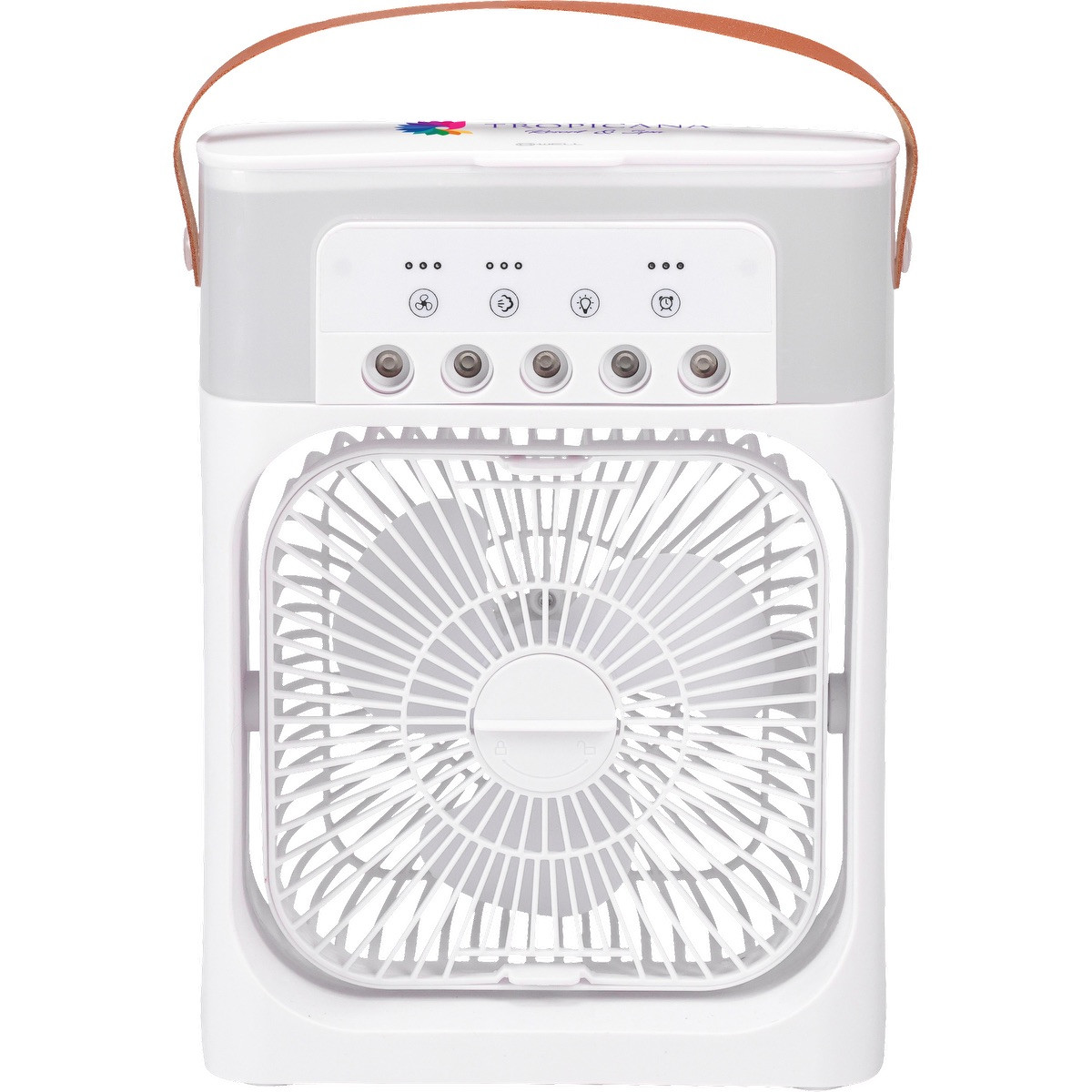 White cooling humidifier fan with nano mist sprayer, four-speed airflow, multi-color LED light, built-in oil diffuser, and USB-powered design.
