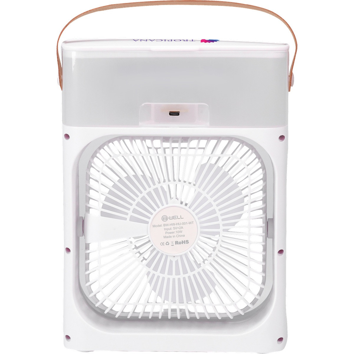 White cooling humidifier fan with nano mist sprayer, four-speed airflow, multi-color LED light, built-in oil diffuser, and USB-powered design.