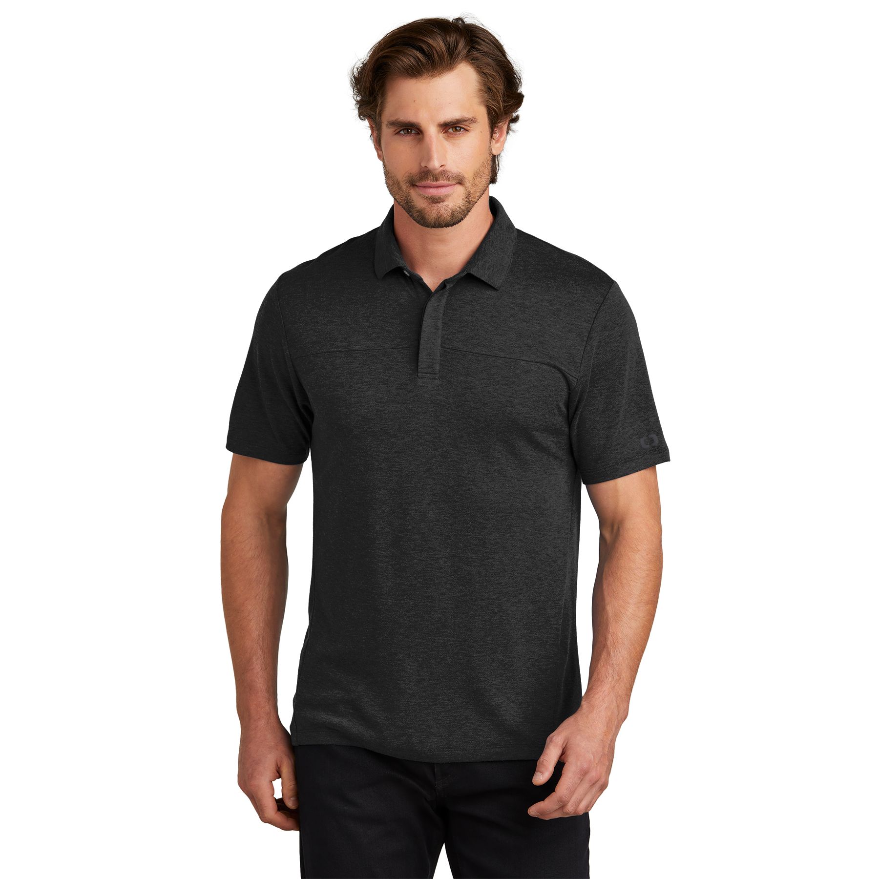 Blacktop performance polo made from a polyester and merino wool blend with a self-fabric collar, three-button placket, chest seam, forward side seams, and reflective sleeve logo.