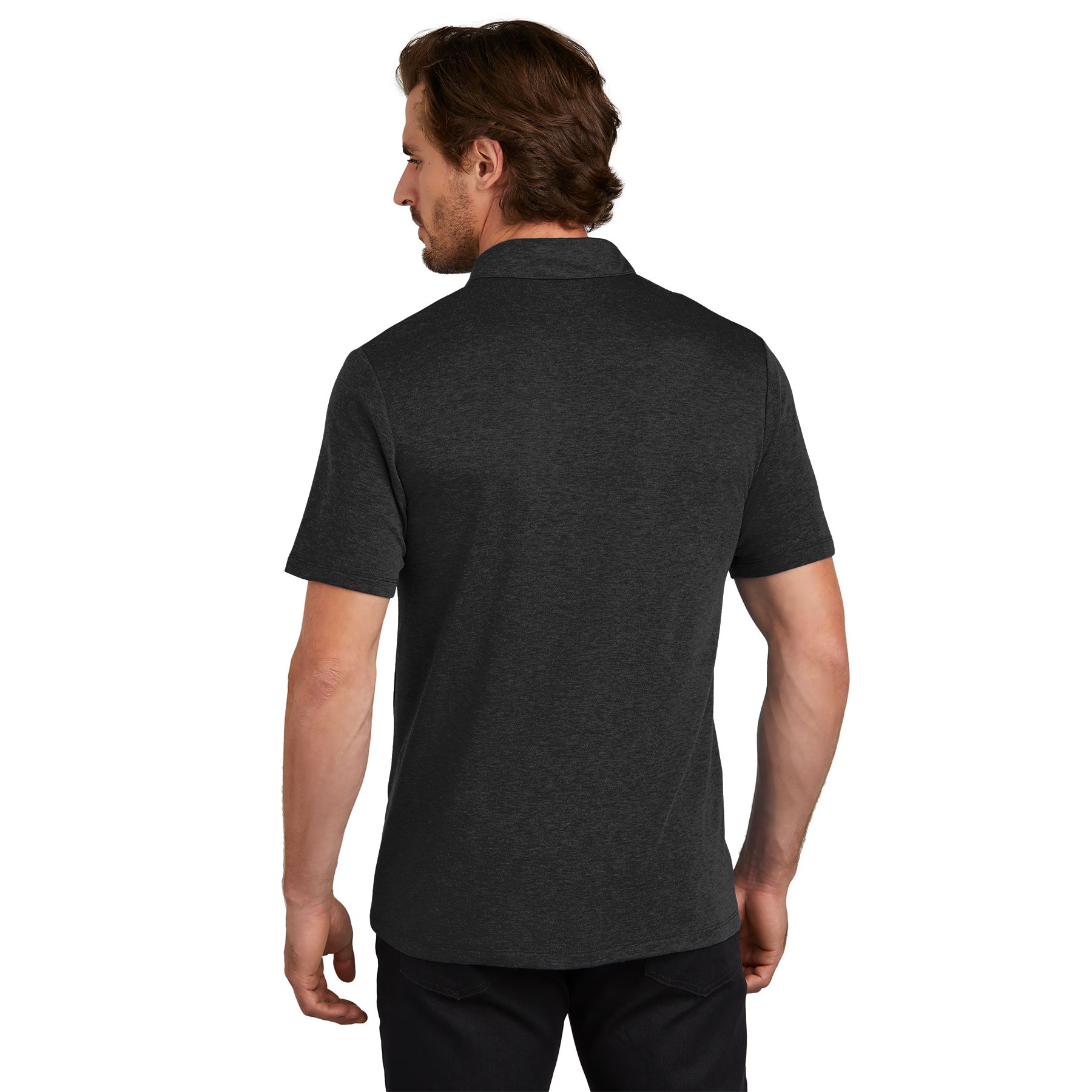Blacktop performance polo made from a polyester and merino wool blend with a self-fabric collar, three-button placket, chest seam, forward side seams, and reflective sleeve logo.