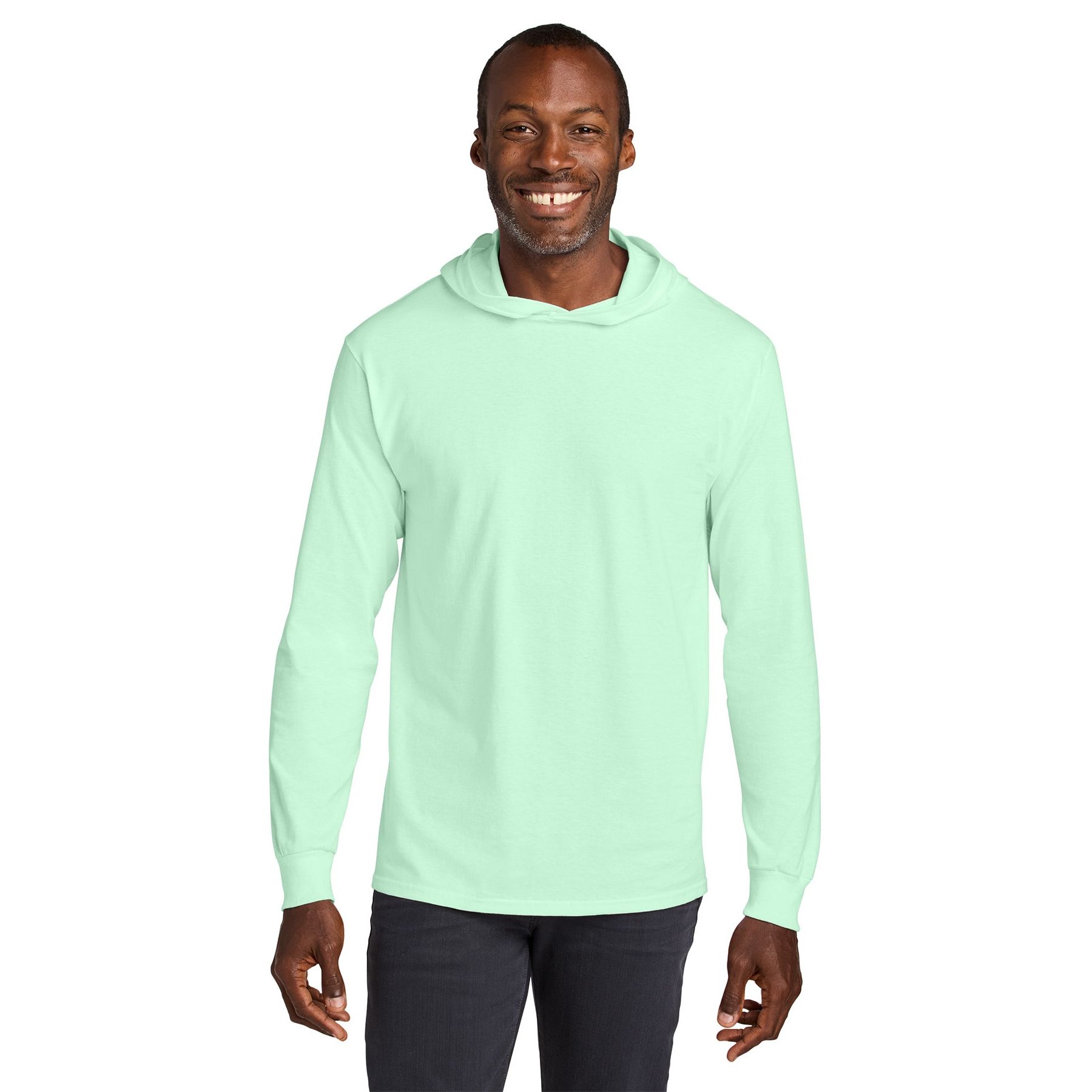 Mint To Be Jerzees Classics™ Unisex Cotton Long Sleeve Hooded T-Shirt, featuring soft cotton jersey fabric, an attached hood, long sleeves with rib-knit cuffs, and a classic relaxed fit for casual everyday wear, layering, and lightweight comfort.
