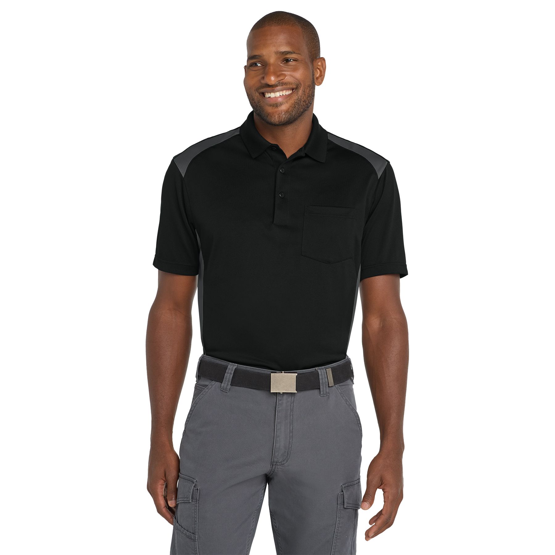 Black and Charcoal performance polo made from snag-proof polyester with a flat knit collar, three-button placket, left chest pocket, open hem sleeves, side vents, and colorblock design.